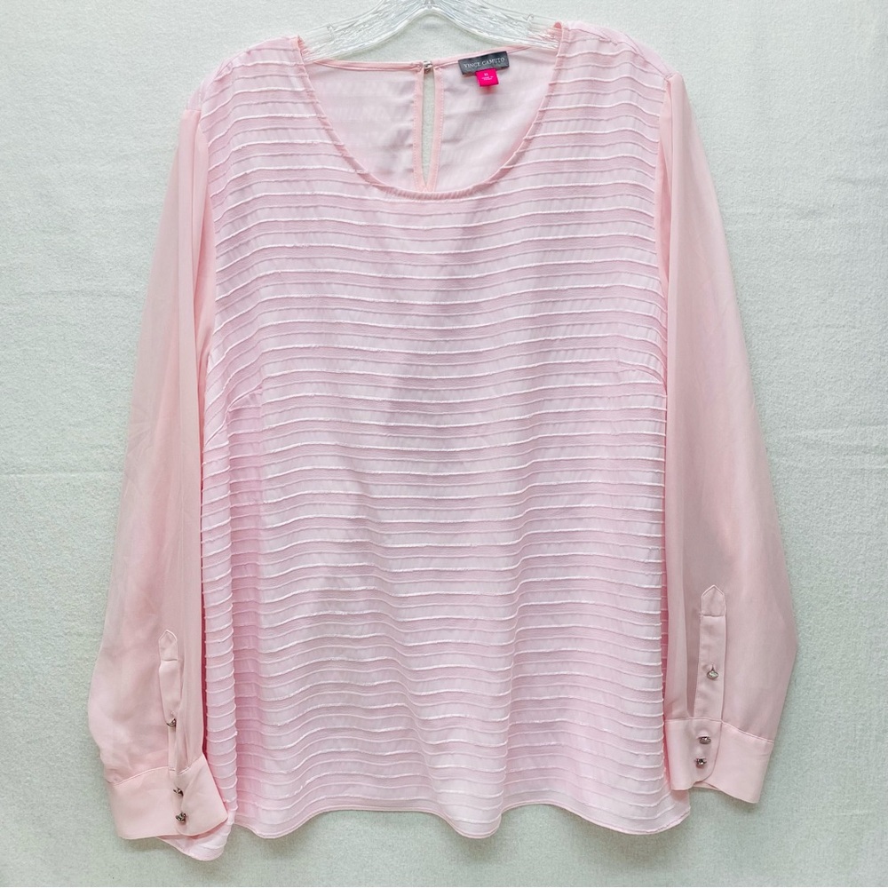 Vince Camuto Women's Soft Pink Semi Sheer Stripe Long Sleeve XLBlouse Round Neck